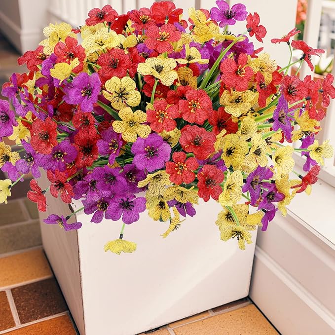 Geegoods Artificial Mums Flowers for Outdoors, 12 Bundles UV Resistant Fake Plastic Colorful Mix Flowers for Patio Porch Spring Summer Decor