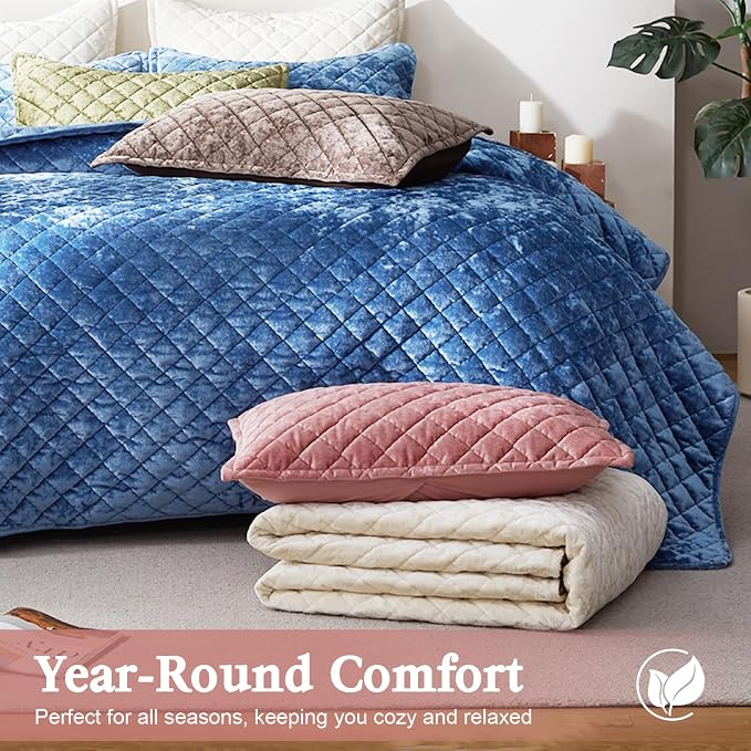 Cosybay Luxury Velvet Quilt Set King, Lightweight Oversized Bedspread Coverlet Quilted Box Stitch Bedding Set, with 2 Matching Pillow Shams, for All Season, Rose Pink