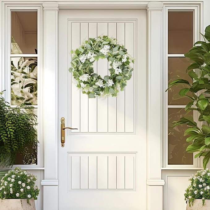 YNYLCHMX 18" Spring Summer Wreaths for Front Door, Artificial Wreath with White Flowers Grapevines Green Eucalyptus Leaves, Green Foliage Wreath for Wall Window Farmhouse Party Holiday Home Decor