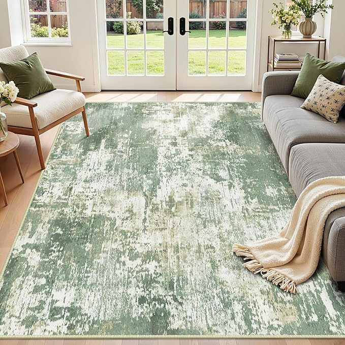 RELEANY Washable Area Rugs 5'x7' Non-Slip Modern Abstract Soft for Living Room Entryway Bedroom Nursery, Print Pattern, Light Green/Yellow