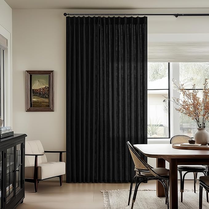 Black Linen Curtains 102 Inches Long for Living Room Pinch Pleated Drape with Hooks Rings for Track System Back Tab Light Filtering 102 Inch Curtain for Bedroom Sliding Patio Door 2 Panels 50x102