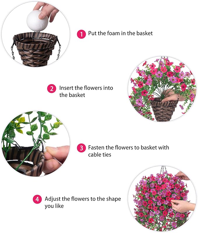 HyeFlora Artificial Hanging Flowers Basket for Outdoor, Fake Flowers Faux Plants Look Real for Yard Gardens Porch Patio Home (Purple+Hotpink)