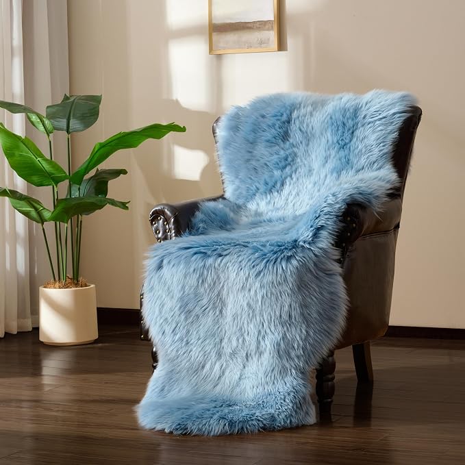 Premium Genuine Sheepskin Area Ruge - Real Wool Fur Shaggy Carpet | Fluffy Soft Natural Lambskin Rug Seat Chair Covers for Couch Sofa Bedroom Living Room(Dusty Blue,2×6 Feet Sheepskin)