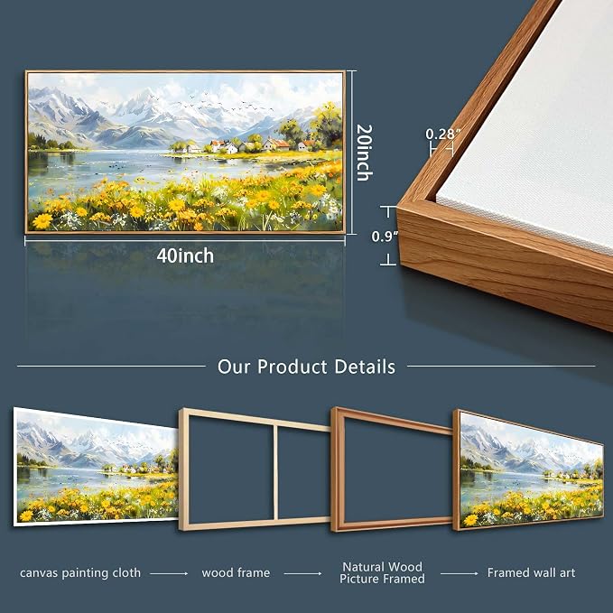 XIGUANGART Framed Canvas Wall Art Vintage Decor, Landscape Wall Art, River with Flowers Art, Modern Farmhouse Decor, Cottagecore Bedroom Bathroom Office Decorations, Living Room Pictures，20"x40"