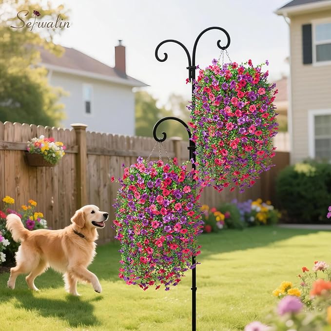 Serwalin 4PCS Artificial Hanging Flowers for Outdoors Summer Decoration, UV Resistant Fake Hanging Realistic Plants for Patio, Garden, Porch, Window, Outside (Purple&Rose Red,4PCS)