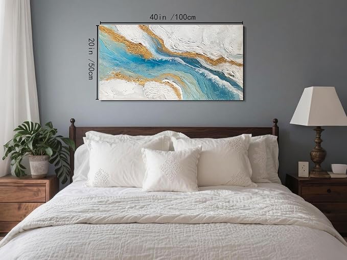 Arjun Abstract Wall Art for Living Room Blue Minimalism White Gold Canvas Painting Bedroom, Modern Picture Prints with Textured Artwork Framed Hallway Kitchen Home Office Decor 40“x20”