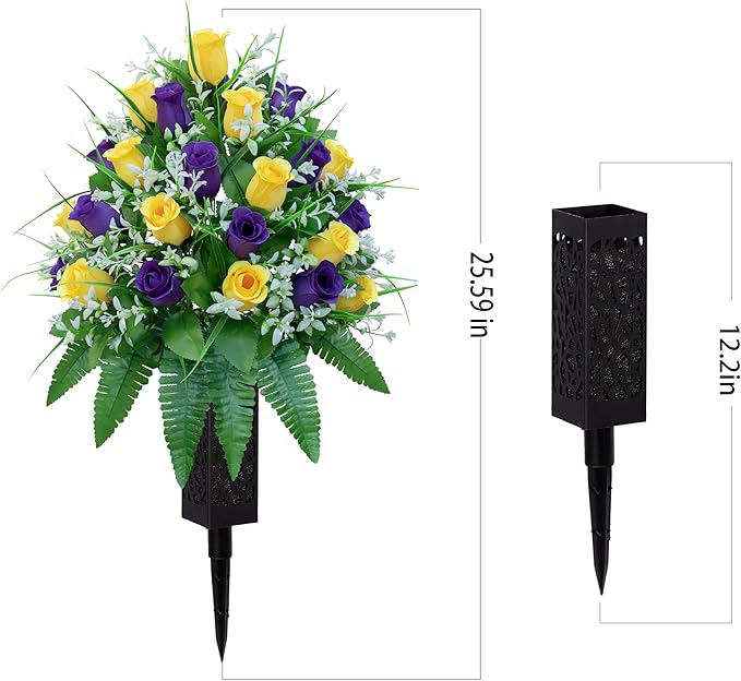 LVXINLI Artificial Cemetery Flowers, Gravesite Decoration Roses, Memorial Bouquets with Cemetery Vase, Vibrant and Long-Lasting Colors （ Yellow+Purple, 2 Bundles
