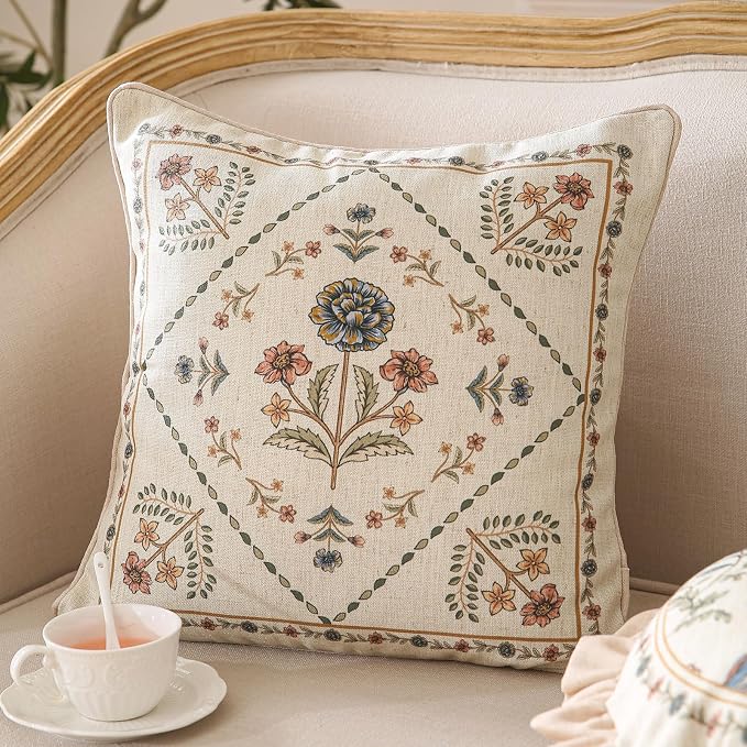 ISAENNE Designer Linen Throw Pillow Cover,Set of 2,18"x18"-Cornucopia B | Elegant French Square Pillow Cover,Concealed Zipper Design,Floral Pattern,Sofas,Bedroom,Living Room,Lounge Chairs