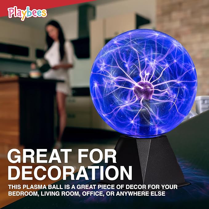 Playbees Blue Plasma Ball - 7 Inch - Tesla Coil Bulb Static Electricity in a Vacuum Pressurized Glass Globe, Nebula, Thunder Lightning, Plug-in - for Parties, Decorations, Prop, STEM