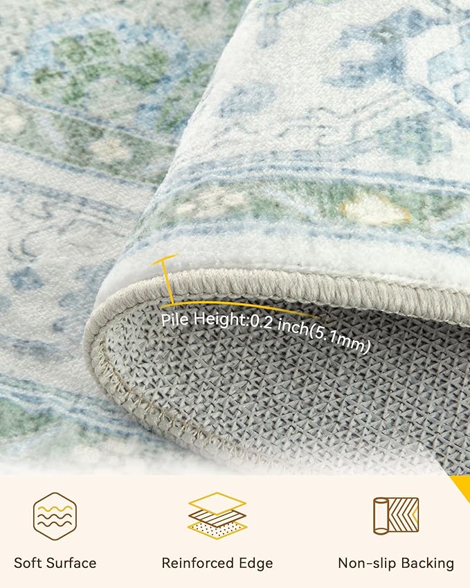 RELEANY Area Rugs Round 8ft Washable Non-Slip, Floral Vintage Distress Print Pattern Medallion Carpet for Living Room Bedroom Dining Room, Green White Blue
