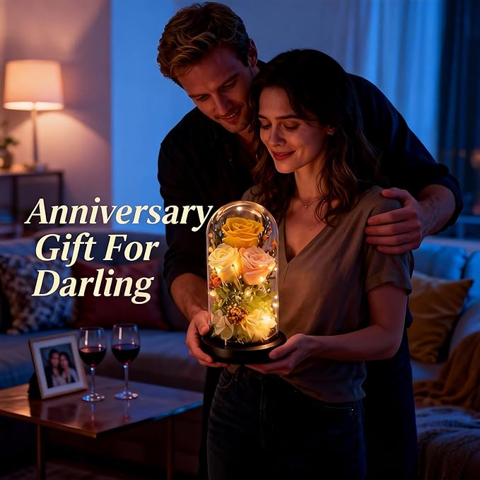 HipTree Preserved Yellow Rose in Glass Dome with LED Lights - Forever Eternal Real Rose Gifts for Women, Valentines Day Mothers Day Birthday Christmas Gift Wedding Anniversary for Mom Wife Girlfriend