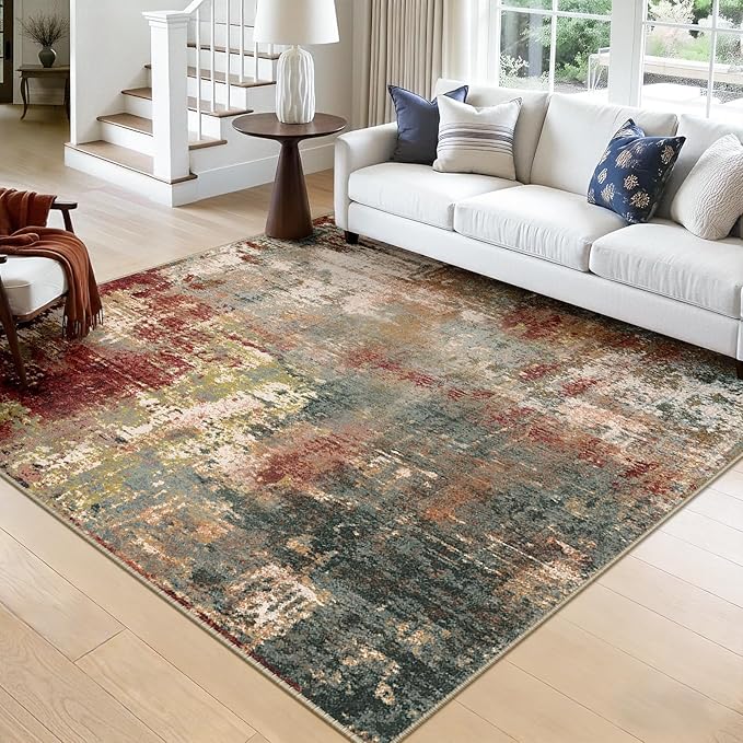 RELEANY Washable Area Rugs Square 8ft Non-Slip Modern Abstract Soft for Living Room Entryway Bedroom Nursery, Print Pattern, Brown Rust Red Green Blue Multi