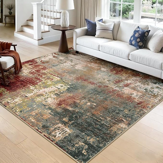 RELEANY Washable Area Rugs Square 8ft Non-Slip Modern Abstract Soft for Living Room Entryway Bedroom Nursery, Print Pattern, Brown Rust Red Green Blue Multi