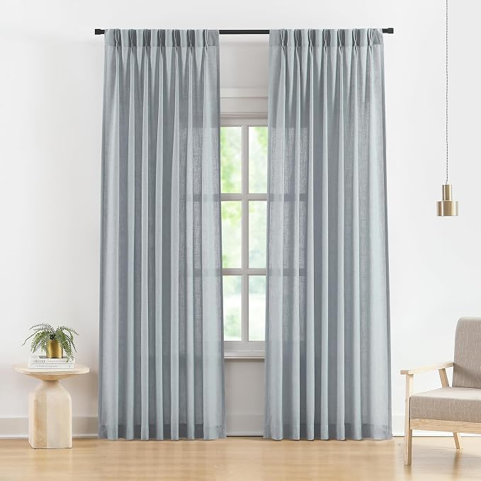 Vision Home Pinch Pleated Semi Sheer Curtains Textured Linen Blended Light Filtering Window Curtains 95 inch for Living Room Bedroom Pinch Pleat Drapes with Hooks 2 Panels 40" Wx95 L,Blue Fog