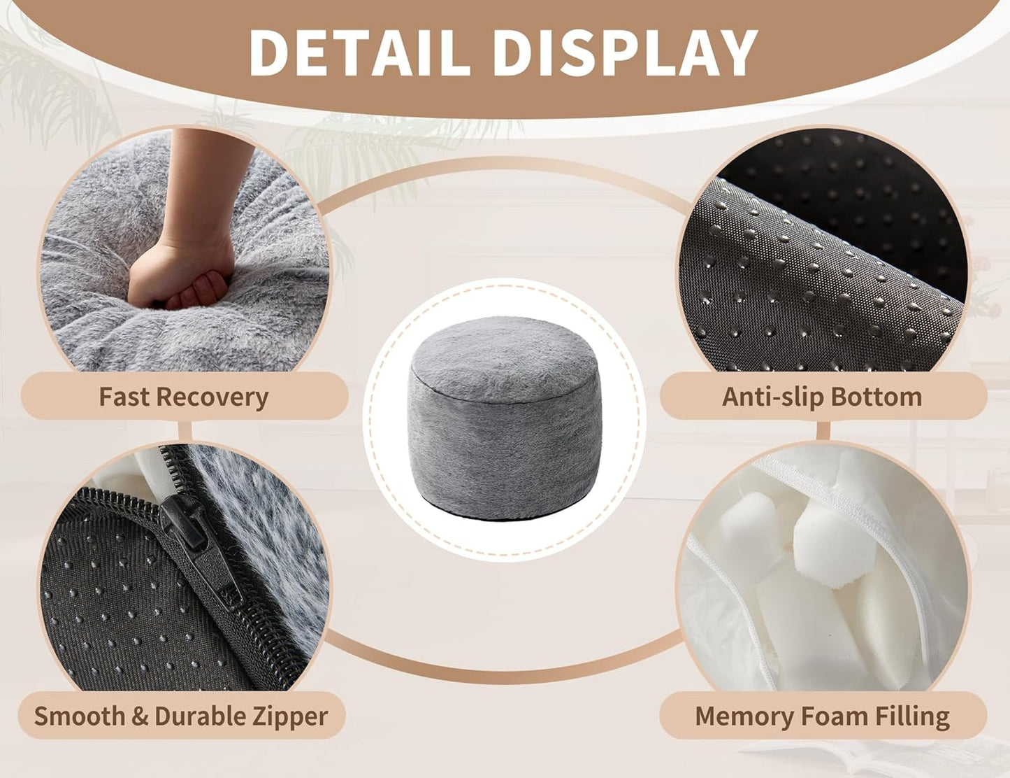 Round Pouf Ottoman Foot Rest Plush Ottoman Footstools for The Living Room Ottomans Stuffed Full of Foam Blocks 26 * 18" Large Foot Stool Dark Grey Footrests Hassocks and Ottomans Set