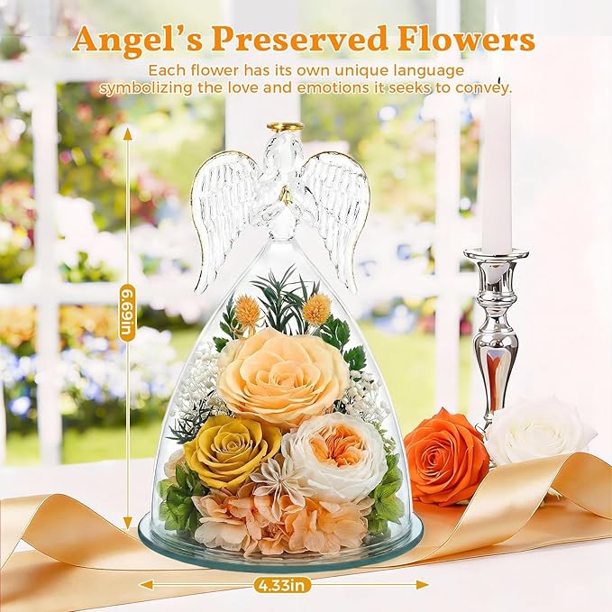 TranquilBliss Gifts for Mom, Flowers for Mother’s Day, Preserved Rose in Glass Dome with Light, Angel Figurines for Her Birthday, Valentine’s Day for Wife, Grandma, Women - Champagn