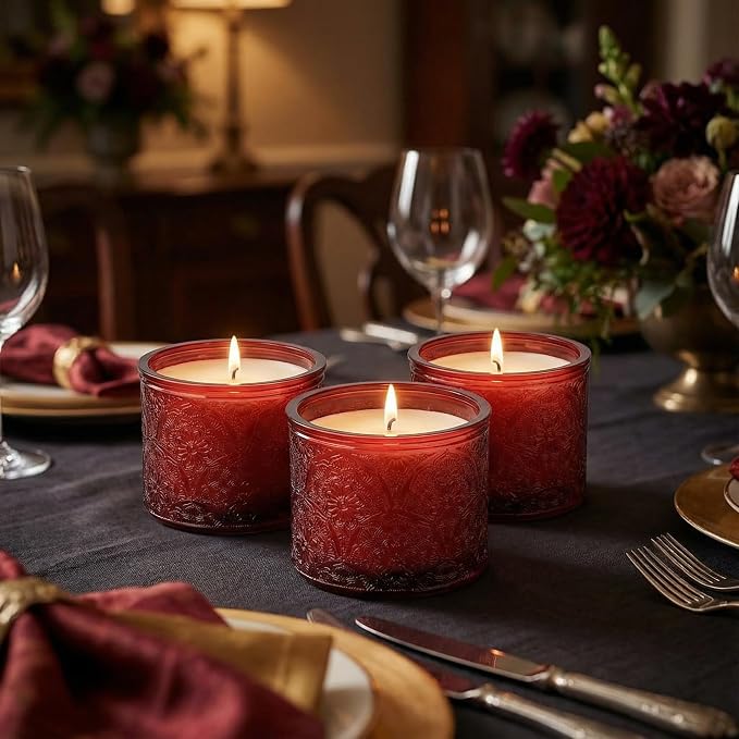 10 oz Red Mandala Glass Candle Jars with Bamboo Lids, 9 Pack | Patented Embossed Design, Includes Wick Centering Devices & Warning Labels, Multiple Color Options