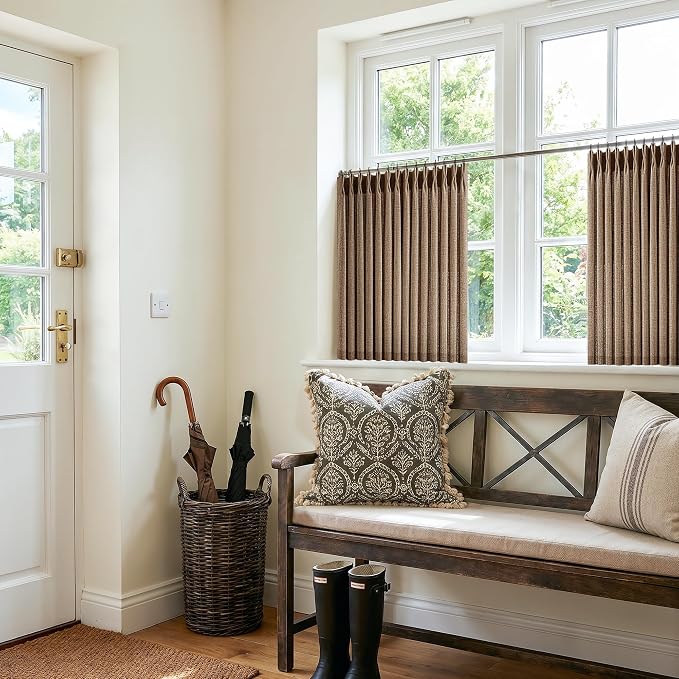 Rust Brown Pinch Pleated Cafe Curtains 24 Inch 2 Panels Vintage Country Light Filtering Linen Blend Small Window Curtain for Kitchen Dining Room Semi Sheer Privacy Flax Pleat Drapes 24 Inches Long