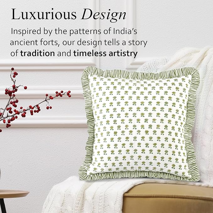 CPC Lotus Meadow Hand Block Print 100% Cotton Ruffle Throw Pillow Cover 18x18 inch with Hidden Zipper Decorative for Couch, Bed, Sofa, Farmhouse, Cottagecore Decor Gift Christmas Fall Thanksgiving