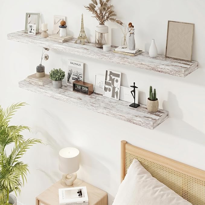 Marsmiles 55in Floating Shelves for Wall, 55" W x 9.25" D x 1.5" H, Long Wall Mounted Engineered Wood Shelves with Invisible Brackets for Living Room, Bedroom, Bathroom, Kitchen, Vintage White, 2Pcs