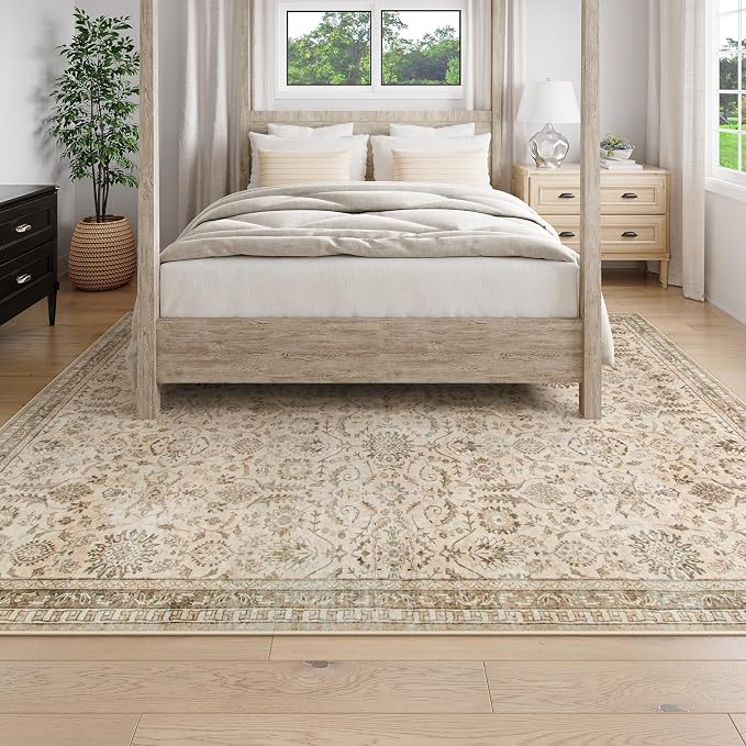 Lahome Boho Beige Rugs for Living Room, 5x7 Vintage Soft Bedroom Area Rug | Soft Vintage Stain Resistant Non Shedding Nursery Carpets for Nursery