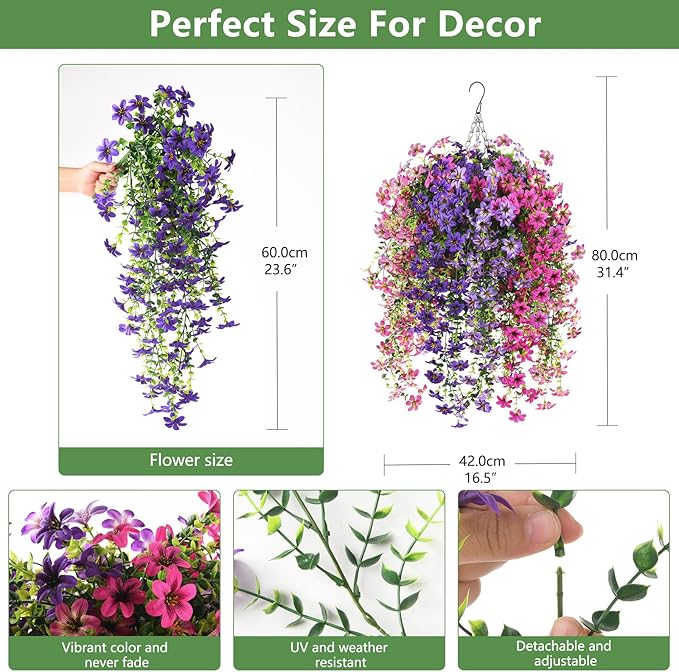 INQCMY Artificial Fake Hanging Plants Flowers Basket for Spring Outdoor Outside Decoration,UV Resistant Faux Silk Flower in Planter for Home Patio Porch Balcony Garden Yard Decor(Mixed Color)