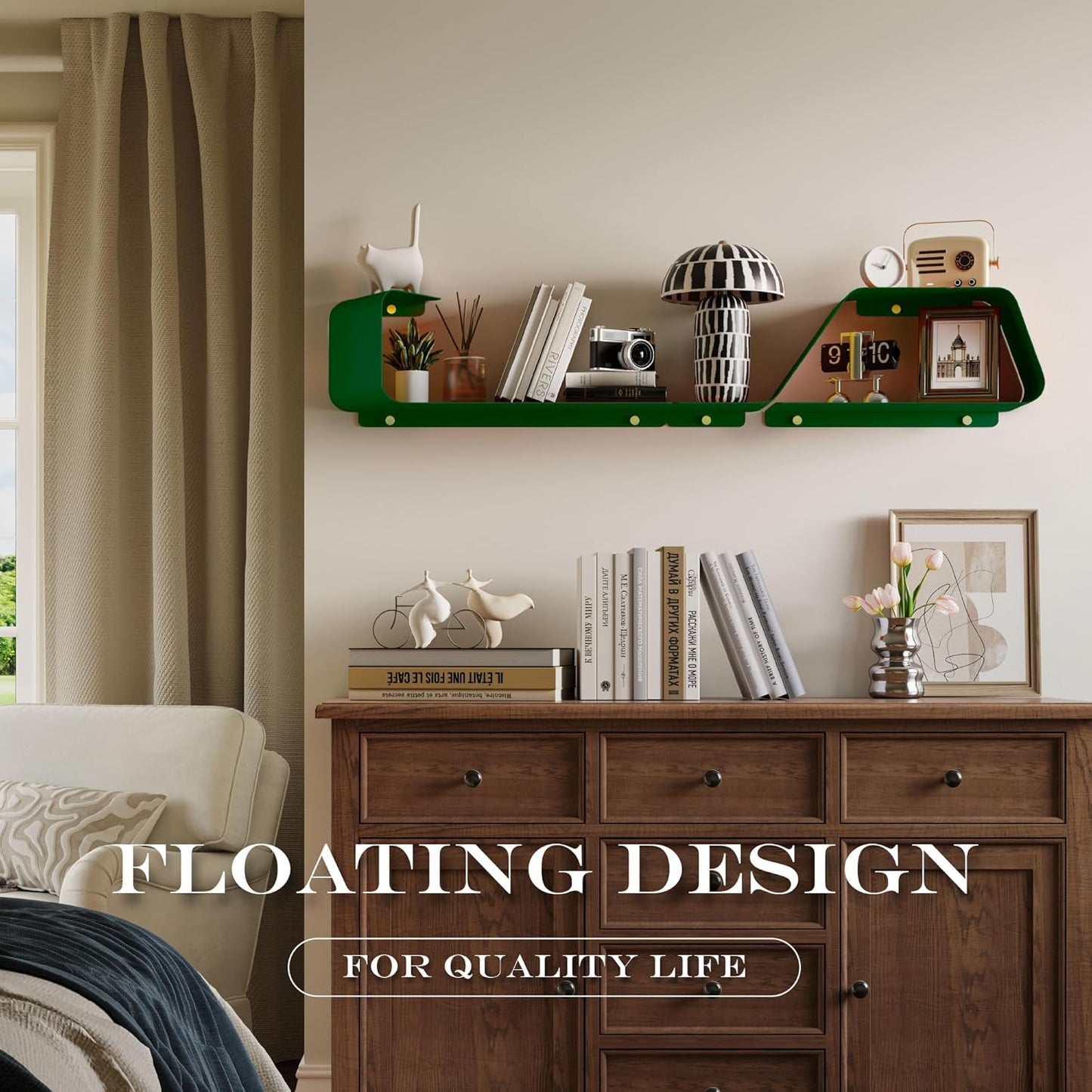 Floating Shelves, Wall Shelf, Set of 3 Wall Mounted Metal Shelves with Unique Design for Wall Storage, Book Shelf, Display Shelves for Bathroom Bedroom Kitchen Living Room for Home Green