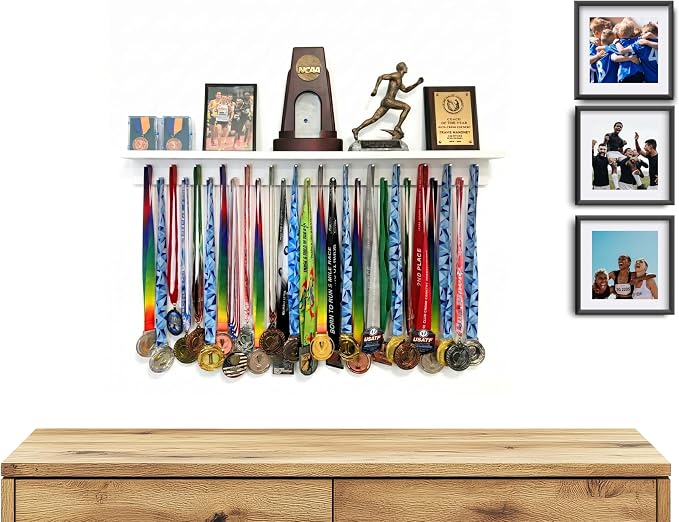 3ft Medal Hanger Display for Wall — Trophy Shelf with Hooks for Medals — 36" Solid Wood — Holds 30+ Medals + Cased Medals for Running, Gymnastics, Cheer, Karate — White- Medal Awards Rack