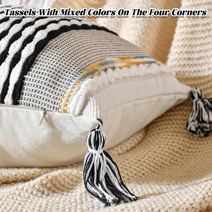 AmHoo Chenille Striped Textured Boho Throw Pillow Covers Aesthetic with Tassels Woven Decorative Pillow Case for Couch Bed Sofa Bedroom Modern Funky 14 x 36-Inch Black
