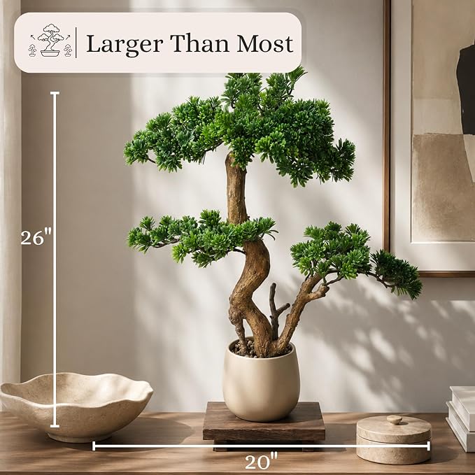 Artificial Bonsai Tree 26" Tall with Realistic Wood and Ceramic Pot, Fake Plants for Home, Bedroom and Office Desk, Japanese Decor