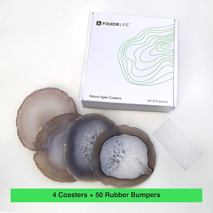 Natural Agate Coasters for Drinks Set of 4 | Natural Stone Coasters 3.5-4", Decorative Gemstone Coasters for Coffee Table, Bar or Desk, Housewarming Gift for Friends