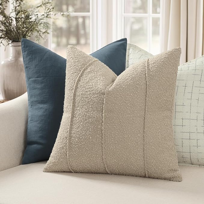 YCOLL Textured Boucle Throw Pillow Covers 18x18 Pack of 2 - Soft Neutral Striped Cushion Covers, Cozy Accent Decorative Pillow Covers for Couch, Sofa, Bed, Living Room (Oatmeal)