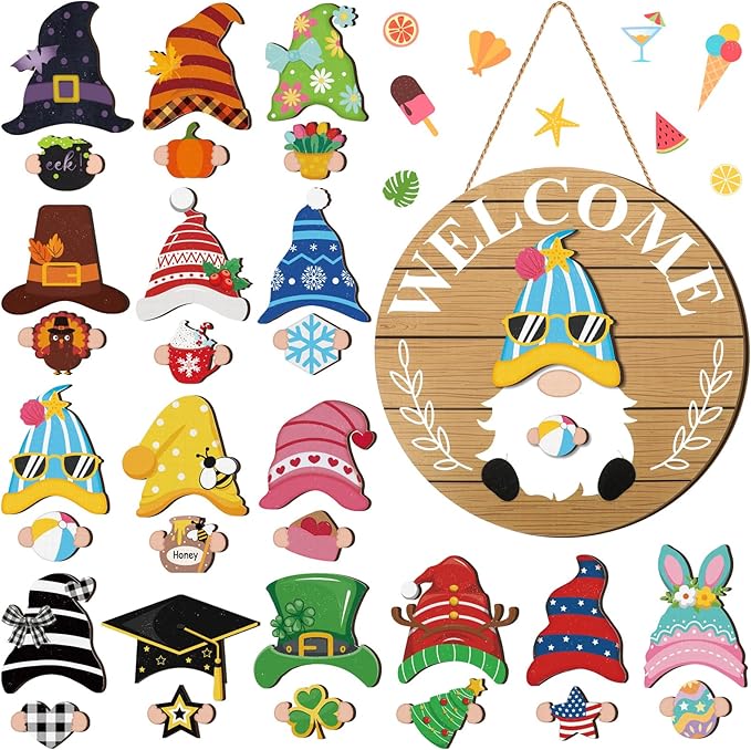 Qunclay Interchangeable Wooden Gnome Decor Holiday Seasonal Gnome Decorations with Magnet Pieces and Detachable Hats Changeable Welcome Sign for Home(Delicate Style)