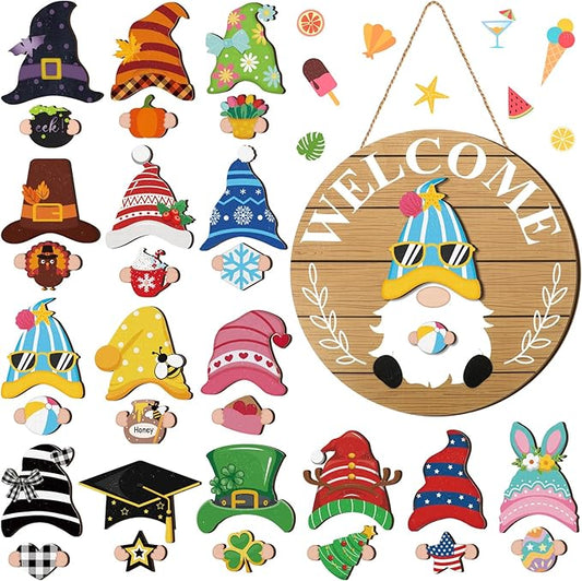 Qunclay Interchangeable Wooden Gnome Decor Holiday Seasonal Gnome Decorations with Magnet Pieces and Detachable Hats Changeable Welcome Sign for Home(Delicate Style)
