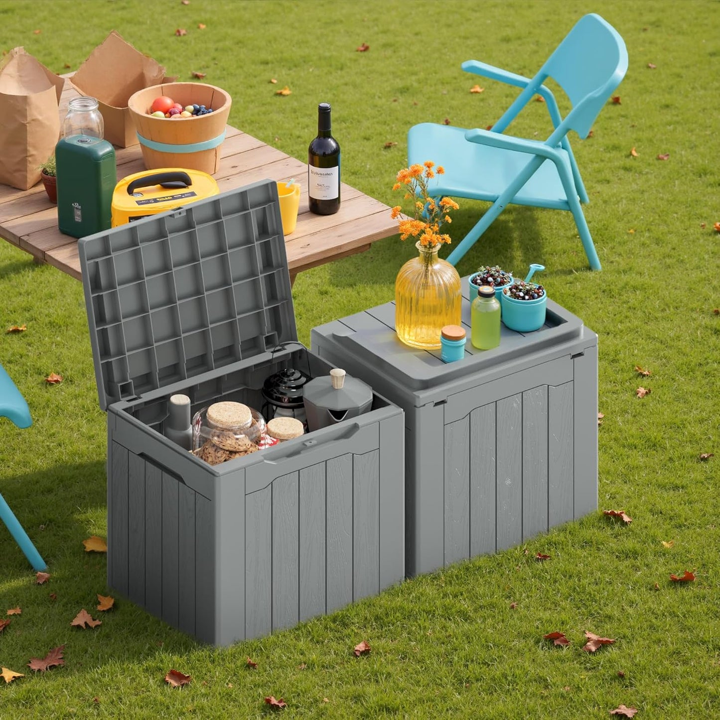 Devoko 30 Gallon Resin Deck Box 2 Pack Outdoor Indoor Waterproof Storage Box for Patio Furniture Pool Accessories Storage for Cushion Garden Tools (Grey, 2 Pack)