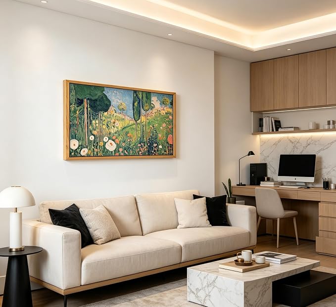 Large Wood Framed Horizontal Botanical Wall Art,Green Spring Garden Canvas Print,Vintage plant Floral Landscape Picture Poster,Natural scenery Painting Artwork for Bedroom Living Room Office