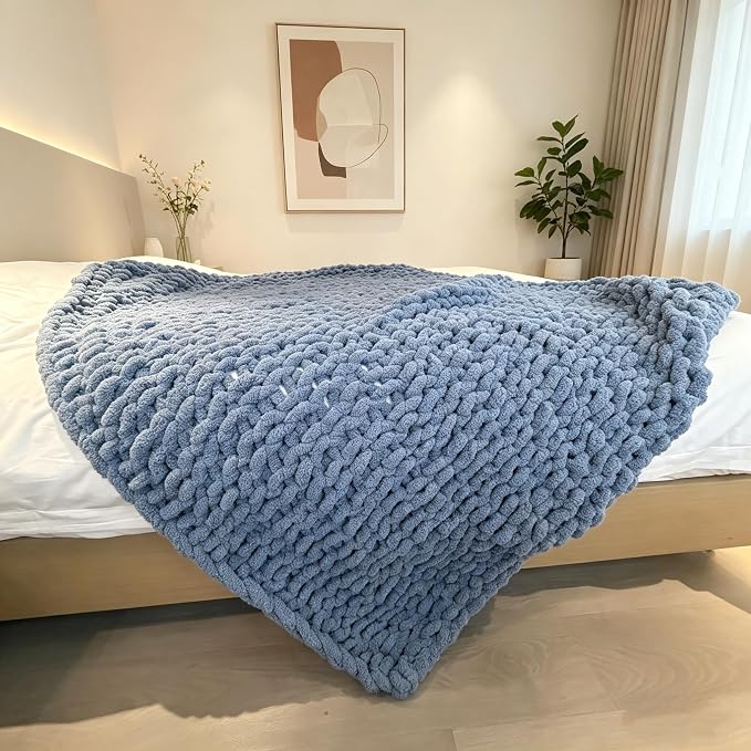 Soft Chunky Knit Throw Blanket for Couch, Cozy Warm Knitted Blankets | Hand Knit with Jumbo Chenille, Lightweight Warm Fluffy Decor for Women, Mom, Her & Girls, Sofa, Chair, Bed,40"×40"(Airy Blue)