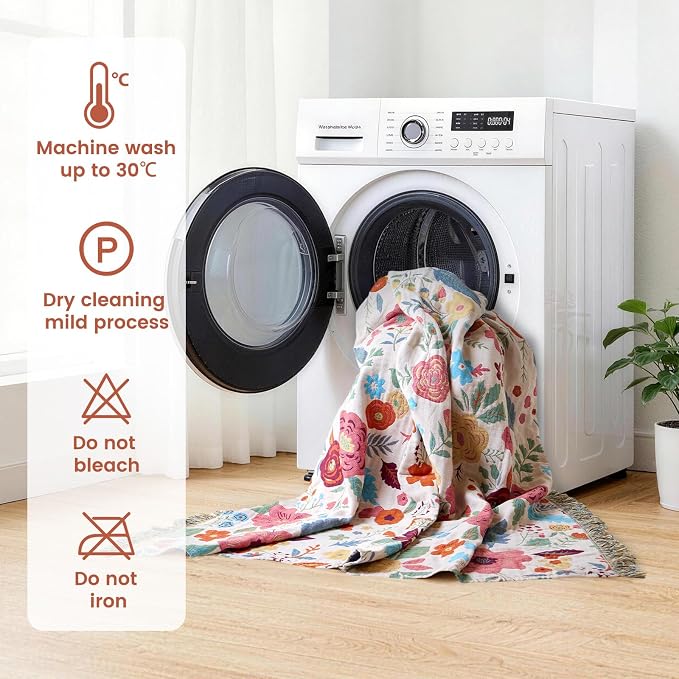 MSGKV Boho Throw Blanket for Couch 100% Cotton Floral Blanket 50"x60" Sofa Bed Chair Blanket All Seasons Lightweight Farmhouse Muslin Summer Breathable Blankets Home Decor