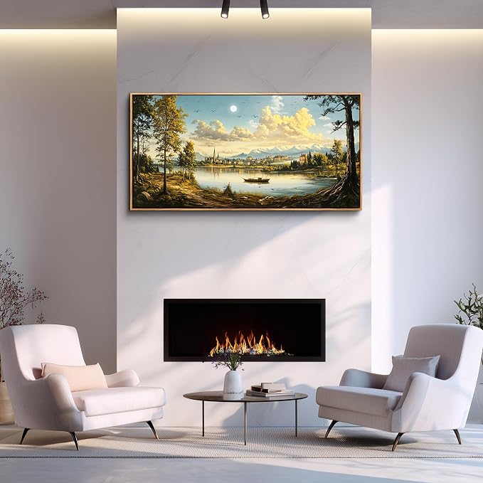 XIGUANGART Landscape Wall Art, Nature Wall Art, Large Framed Wall Decor, Riverside Farm Canvas Art Prints,Vintage Rustic Farmhouse Wall Decor Paintings for Living Room Bedroom Bathroom Kitchen 20"X40"