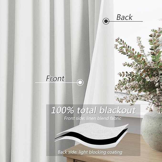 Guken White 100% Blackout Linen Curtains 90 Inch Length 2 Panels Set for Living Room Bedroom Back Tab Thermal Insulated Black Out Drapes Room Darkening Farmhouse Window Curtains 90 Inches Long