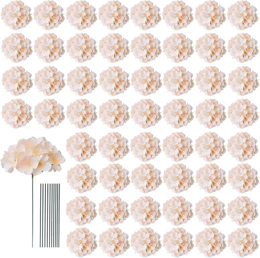 AVIVIHO 65pcs Fake Flowers Champagne Hydrangea Artificial Flowers Bulk (Not Squished, No Steaming Need) Silk Flowers with Stems for Wedding Decor,Home,Baby Shower,Table Centerpieces Decoration
