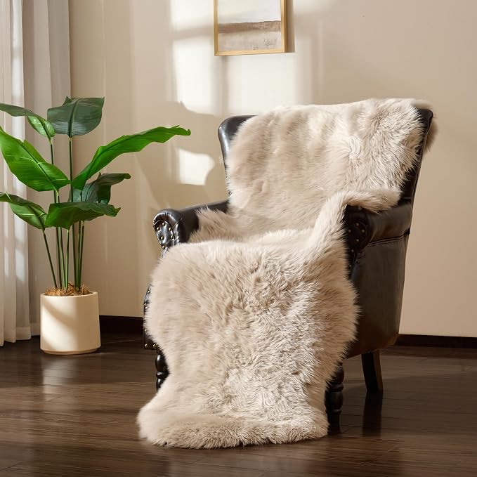 Premium Genuine Sheepskin Area Ruge - Real Wool Fur Shaggy Carpet | Fluffy Soft Natural Lambskin Rug Seat Chair Covers for Couch Sofa Bedroom Living Room(Beige,2×6 Feet Sheepskin)