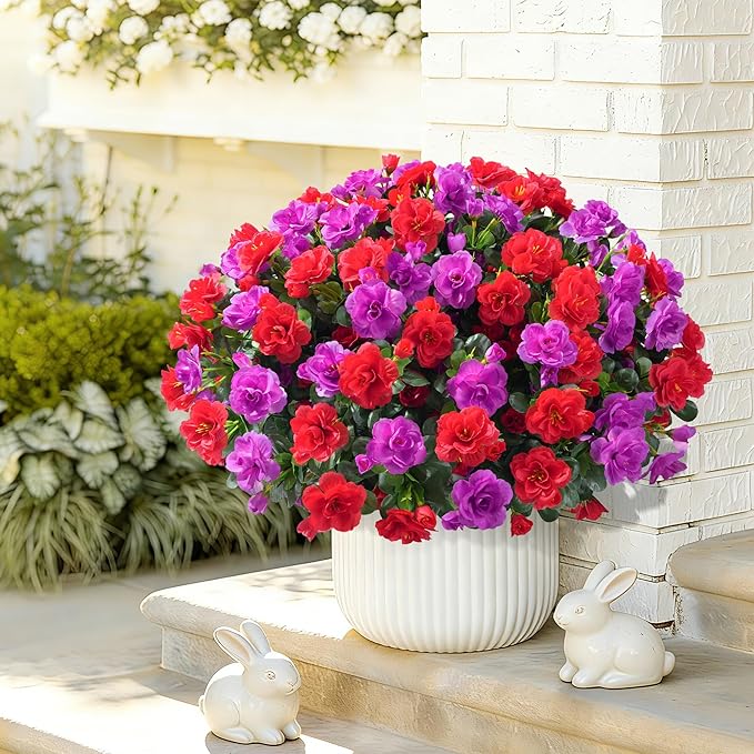 Artificial Faux Outdoor Flowers Plants for Spring Summer Decoration, Fake Silk Camellia UV Resistant Look Real for Planter Outside Front Door Porch Patio Balcony, 3 Large Bundles (Red+Fuchsia)
