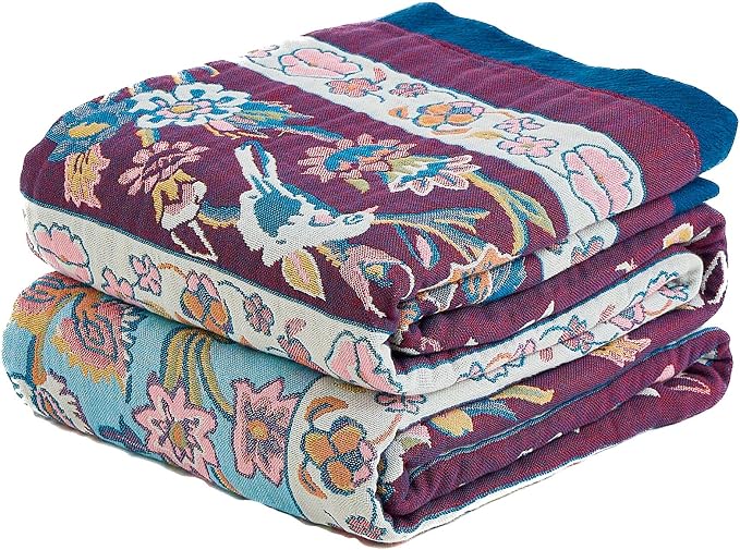 Boho Throw Blanket for Home Decor,Ultra Soft Spring Rustic Classic Quilt,100% Cotton Muslin Blankets for Adults, Reversible Woven Decorative Blanket for Bed Layering Use, Purple Bird& Floral, 60"x80"