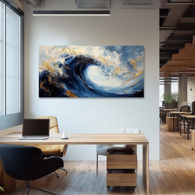 Ggaafet Navy Blue Waves Wall Art for Bedroom Canvas Painting Prints Beautiful Ocean Sea Gold Art Deco Modern Artwork Office Family Room Decor