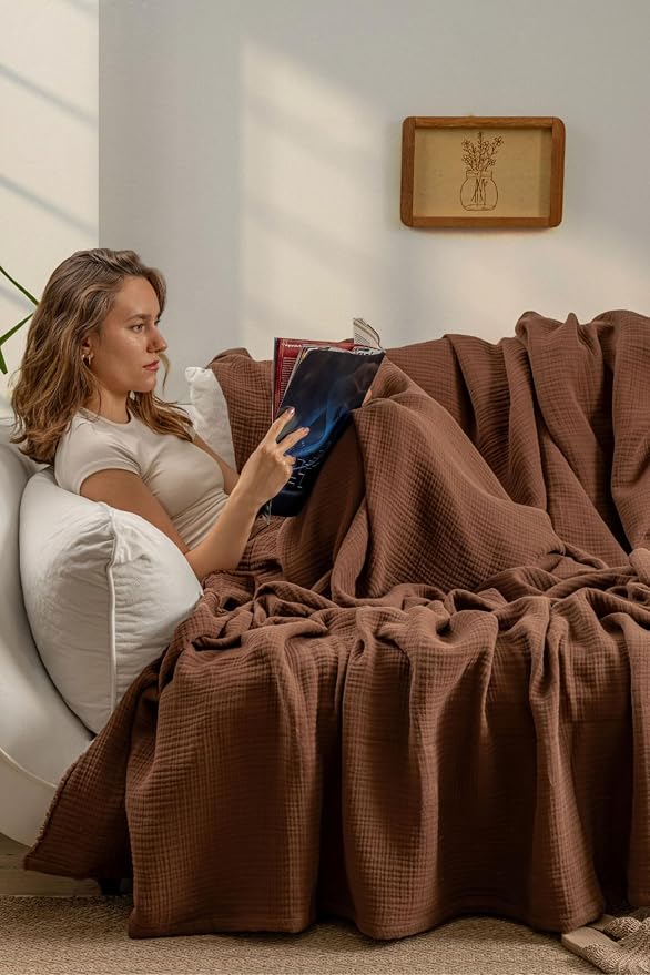 Muslin Blanket - Pure 100% Turkish Cotton Airy Soft Light Versatile Gauze Throw Blanket for Bed, Couch, Sofa (Dark Brown, Queen XL Size (95" x 95" inch))