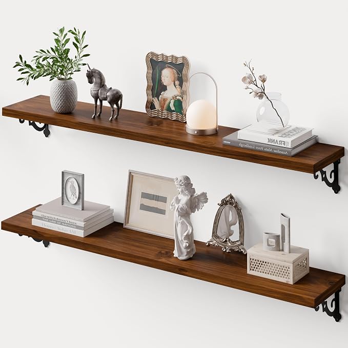 48 Inch 2 Tier Solid Wood Floating Shelves for Wall with Metal Brackets | 48 inch solid pine shelves, 2 tier, walnut finish, metal brackets for books, decor and home storage