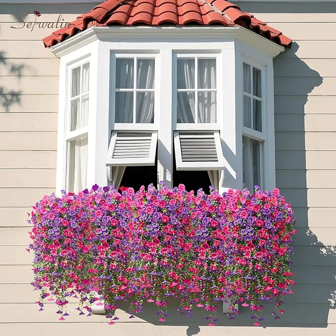 Serwalin Artificial Hanging Flowers for Outdoors Decoration, 8PCS UV Realistic Resistant Fake Silk Artificial Plants Outdoor for Porch Patio Balcony Indoor Planter Yard Decor (Purple&Rose Pink,8PCS)