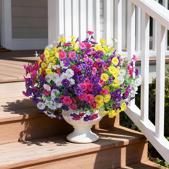 Ivydale 24 Bundles Artificial Flowers for Outdoors Faux Plants Spring Outdoor Decoration Silk Morning Glory Realistic UV Resistant Fake Petunias for Outside Porch Patio Window Garden Yard Home