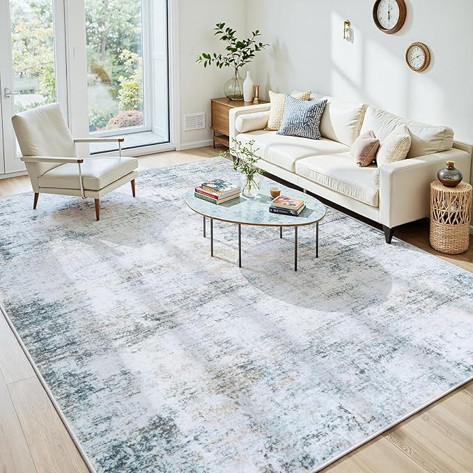 5x7 Area Rugs Washable Rug:Anti-Skid Abstract Modern Living Room Rug Soft Thin Carpets Indoor Floor Non-Shedding Carpet for Bedroom Dining Farmhouse Nursery Home Office(Blue/Grey/Gold/White, 5x7)